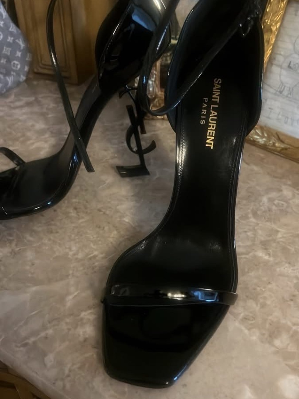 Yves Saint Laurent Black Patent High-Heel Ankle-Strap Sandals